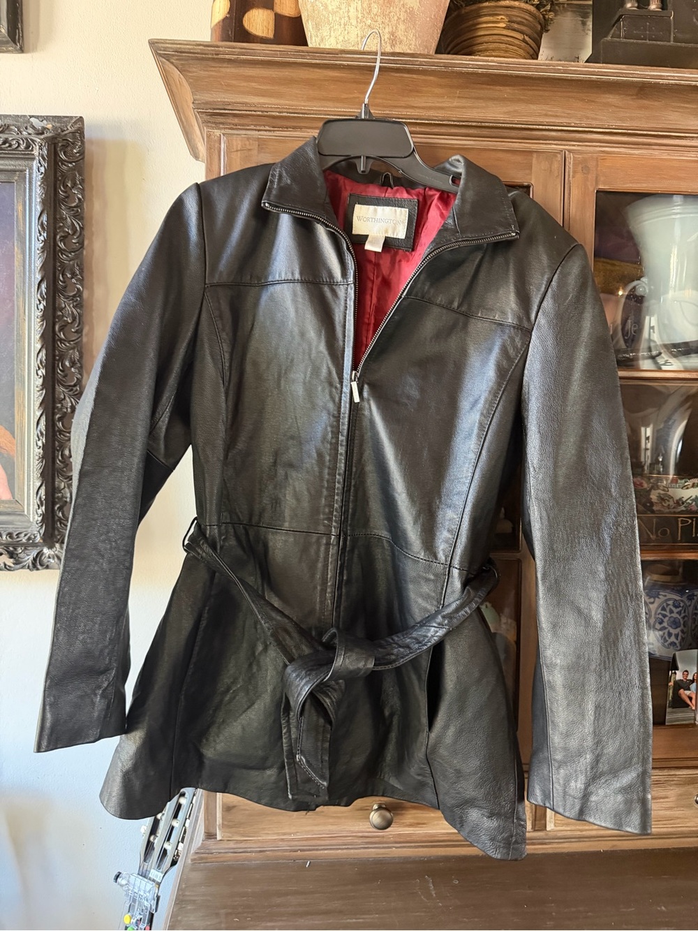 Worthington Black Leather Belted Jacket with Red Lining